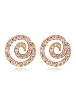 High Level Cubic Zirconia Embellished Vortex Design Korean Fashion Earrings - Champagne Gold