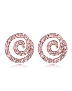 High Level Cubic Zirconia Embellished Vortex Design Korean Fashion Earrings - Rose Gold