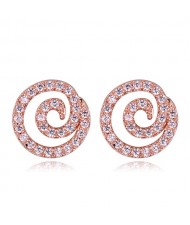 High Level Cubic Zirconia Embellished Vortex Design Korean Fashion Earrings - Rose Gold