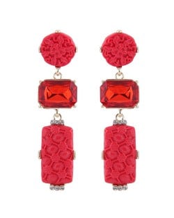 Gem Inlaid Flowers Engraving Design Round and Oblong Combo High Fashion Statement Earrings - Red