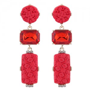Gem Inlaid Flowers Engraving Design Round and Oblong Combo High Fashion Statement Earrings - Red