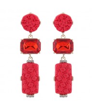 Gem Inlaid Flowers Engraving Design Round and Oblong Combo High Fashion Statement Earrings - Red