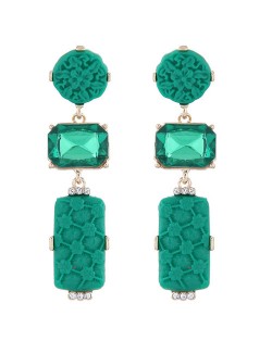 Gem Inlaid Flowers Engraving Design Round and Oblong Combo High Fashion Statement Earrings - Green