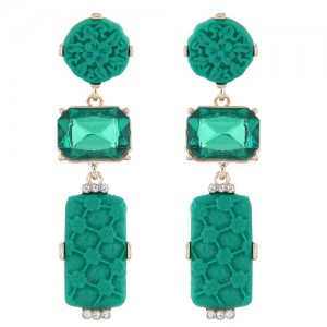 Gem Inlaid Flowers Engraving Design Round and Oblong Combo High Fashion Statement Earrings - Green