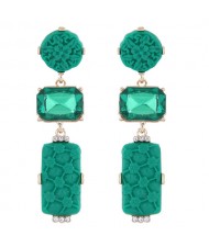 Gem Inlaid Flowers Engraving Design Round and Oblong Combo High Fashion Statement Earrings - Green