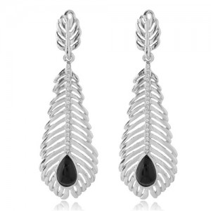 High Fashion Hollow Leaves Design Women Statement Earrings - Silver
