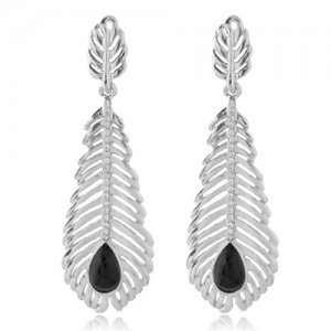 High Fashion Hollow Leaves Design Women Statement Earrings - Silver