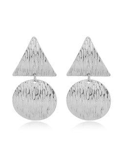 Coarse Texture Bold Fashion Triangle and Round Combo Statement Earrings - Silver