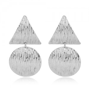 Coarse Texture Bold Fashion Triangle and Round Combo Statement Earrings - Silver