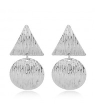 Coarse Texture Bold Fashion Triangle and Round Combo Statement Earrings - Silver