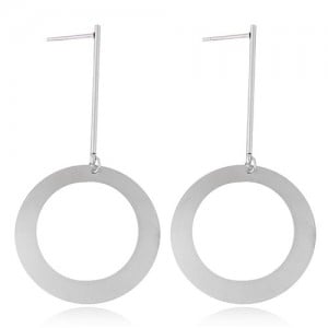 Dangling Round Hoop Titanium Steel High Fashion Statement Earrings - Silver