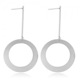 Dangling Round Hoop Titanium Steel High Fashion Statement Earrings - Silver