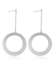 Dangling Round Hoop Titanium Steel High Fashion Statement Earrings - Silver