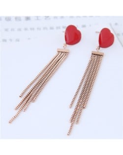 Red Heart with Chains Tassel Design Titanium Steel Fashion Statement Earrings