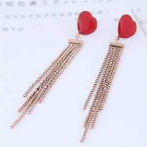 Red Heart with Chains Tassel Design Titanium Steel Fashion Statement Earrings