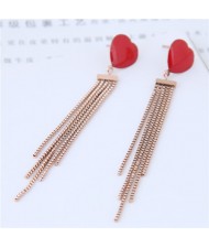 Red Heart with Chains Tassel Design Titanium Steel Fashion Statement Earrings