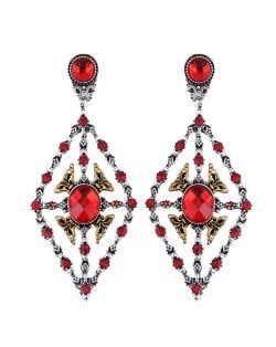 Rhinestone Inlaid Hollow Rhombus Vintage Fashion Women Statement Earrings - Red