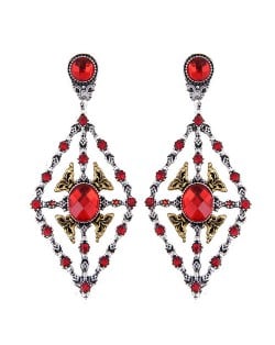 Rhinestone Inlaid Hollow Rhombus Vintage Fashion Women Statement Earrings - Red