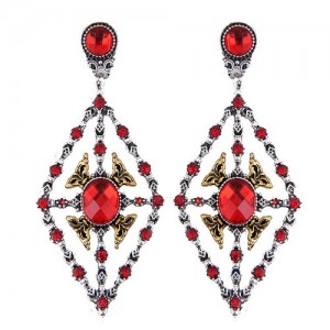 Rhinestone Inlaid Hollow Rhombus Vintage Fashion Women Statement Earrings - Red