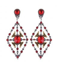 Rhinestone Inlaid Hollow Rhombus Vintage Fashion Women Statement Earrings - Red