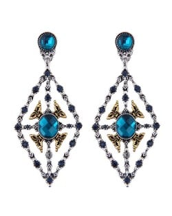 Rhinestone Inlaid Hollow Rhombus Vintage Fashion Women Statement Earrings - Blue