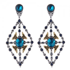 Rhinestone Inlaid Hollow Rhombus Vintage Fashion Women Statement Earrings - Blue