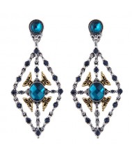 Rhinestone Inlaid Hollow Rhombus Vintage Fashion Women Statement Earrings - Blue