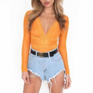 Deep V-neck Lace One-piece Women Top - Yellow