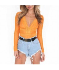 Deep V-neck Lace One-piece Women Top - Yellow