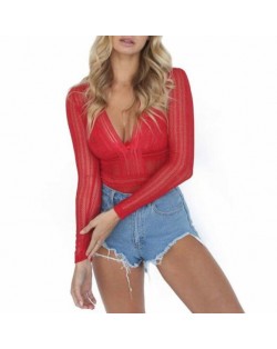 Deep V-neck Lace One-piece Women Top - Red