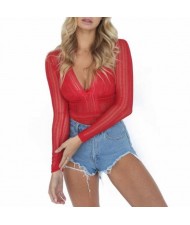 Deep V-neck Lace One-piece Women Top - Red