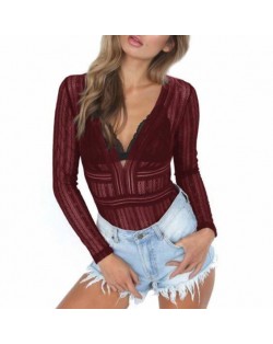 Deep V-neck Lace One-piece Women Top - Wine Red