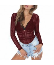 Deep V-neck Lace One-piece Women Top - Wine Red