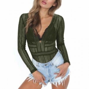 Deep V-neck Lace One-piece Women Top - Green