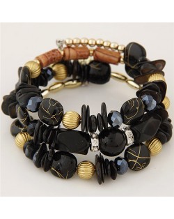 Vintage Flower Pendants Triple Layers Beads Fashion Bracelet - Black