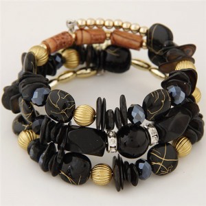 Vintage Flower Pendants Triple Layers Beads Fashion Bracelet - Black