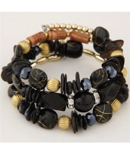Vintage Flower Pendants Triple Layers Beads Fashion Bracelet - Black