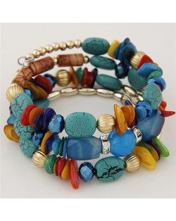 Vintage Flower Pendants Triple Layers Beads Fashion Bracelet - Blue