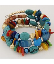Vintage Flower Pendants Triple Layers Beads Fashion Bracelet - Blue