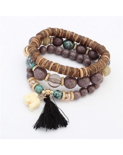 Elephant Pendant Artificial Turquoise Beads Three Layers Vintage Fashion Bracelet - Brown