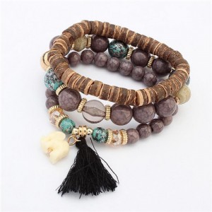 Elephant Pendant Artificial Turquoise Beads Three Layers Vintage Fashion Bracelet - Brown