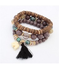 Elephant Pendant Artificial Turquoise Beads Three Layers Vintage Fashion Bracelet - Brown