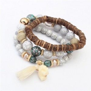 Elephant Pendant Artificial Turquoise Beads Three Layers Vintage Fashion Bracelet - Gray