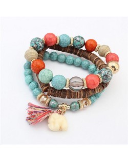 Elephant Pendant Artificial Turquoise Beads Three Layers Vintage Fashion Bracelet - Teal