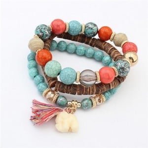 Elephant Pendant Artificial Turquoise Beads Three Layers Vintage Fashion Bracelet - Teal