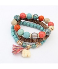 Elephant Pendant Artificial Turquoise Beads Three Layers Vintage Fashion Bracelet - Teal