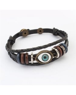 Eye Ball Decoration Vintage Design Leather Bracelet - Black