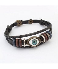 Eye Ball Decoration Vintage Design Leather Bracelet - Black