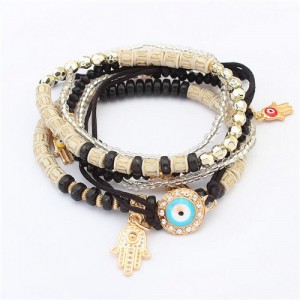 Palm and Eye Ball Pendants Multi-layer High Fashion Bracelet - Black