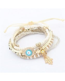 Palm and Eye Ball Pendants Multi-layer High Fashion Bracelet - White